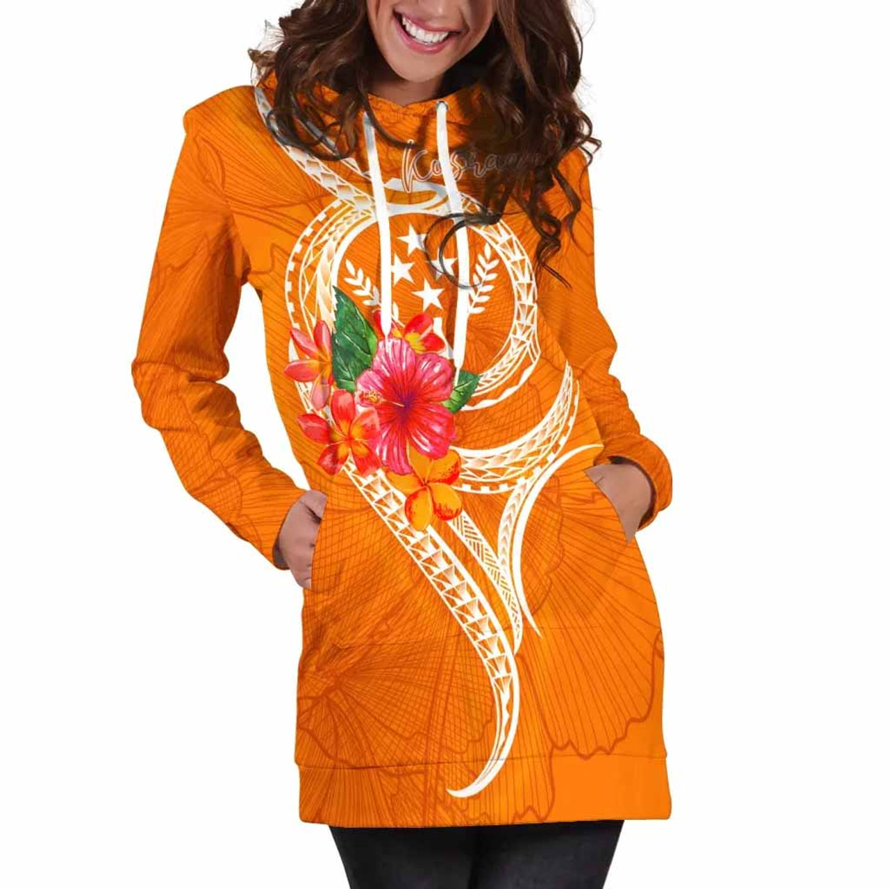 Kosrae Polynesian Hoodie Dress - Orange Floral With Seal 2