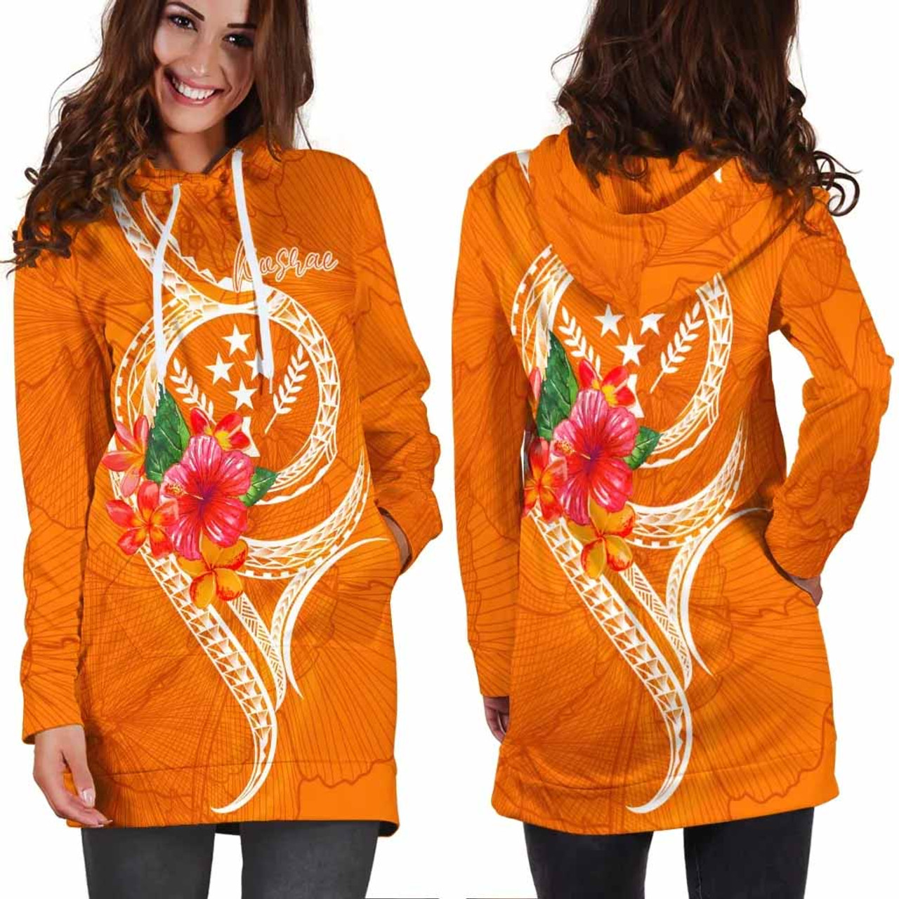 Kosrae Polynesian Hoodie Dress - Orange Floral With Seal 3