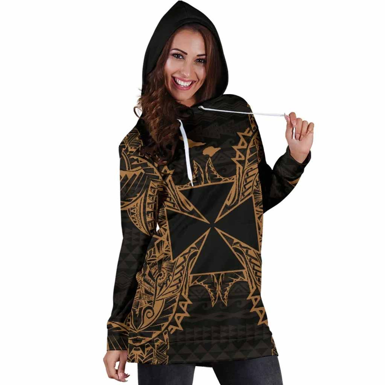 Wallis And Futuna Polynesian Hoodie Dress Map Gold 4