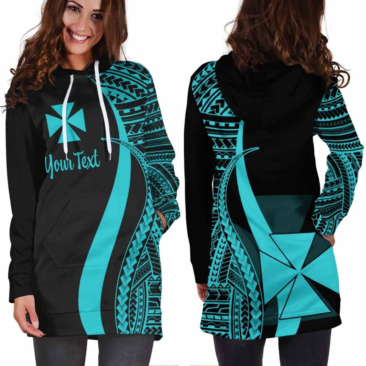 Wallis and Futuna Custom Personalised Hoodie Dress - Turquoise Polynesian Tentacle Pattern 2