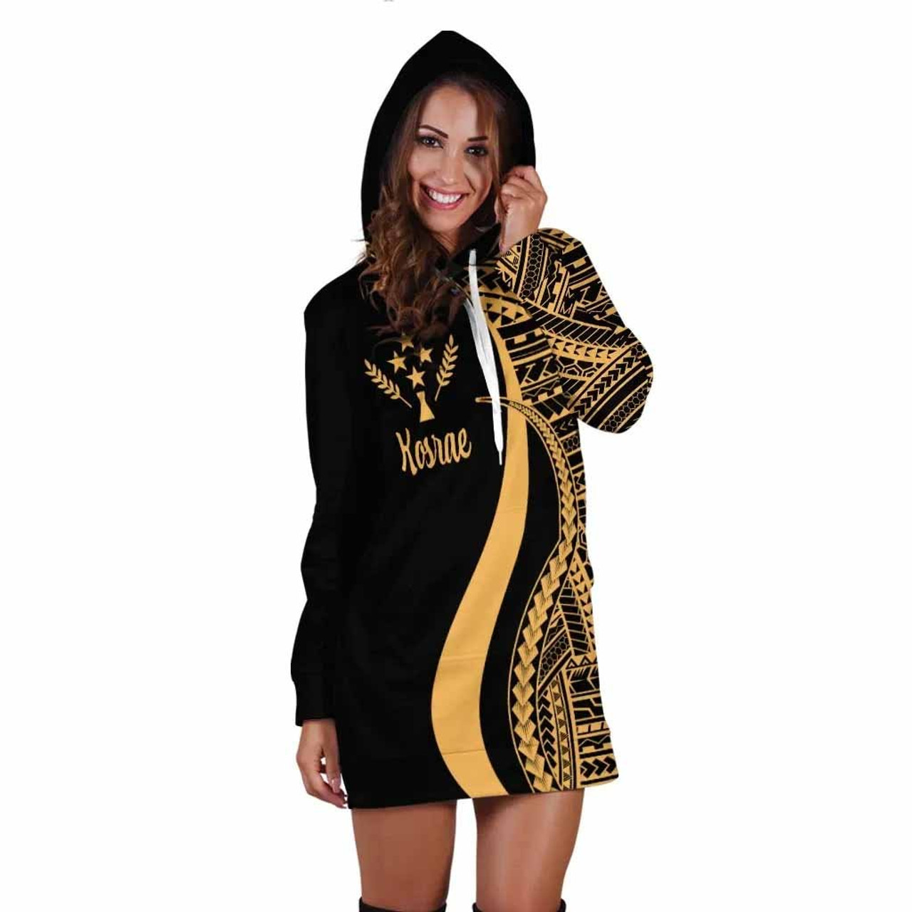 Kosrae Women Hoodie Dress - Gold Polynesian Tentacle Tribal Pattern 3