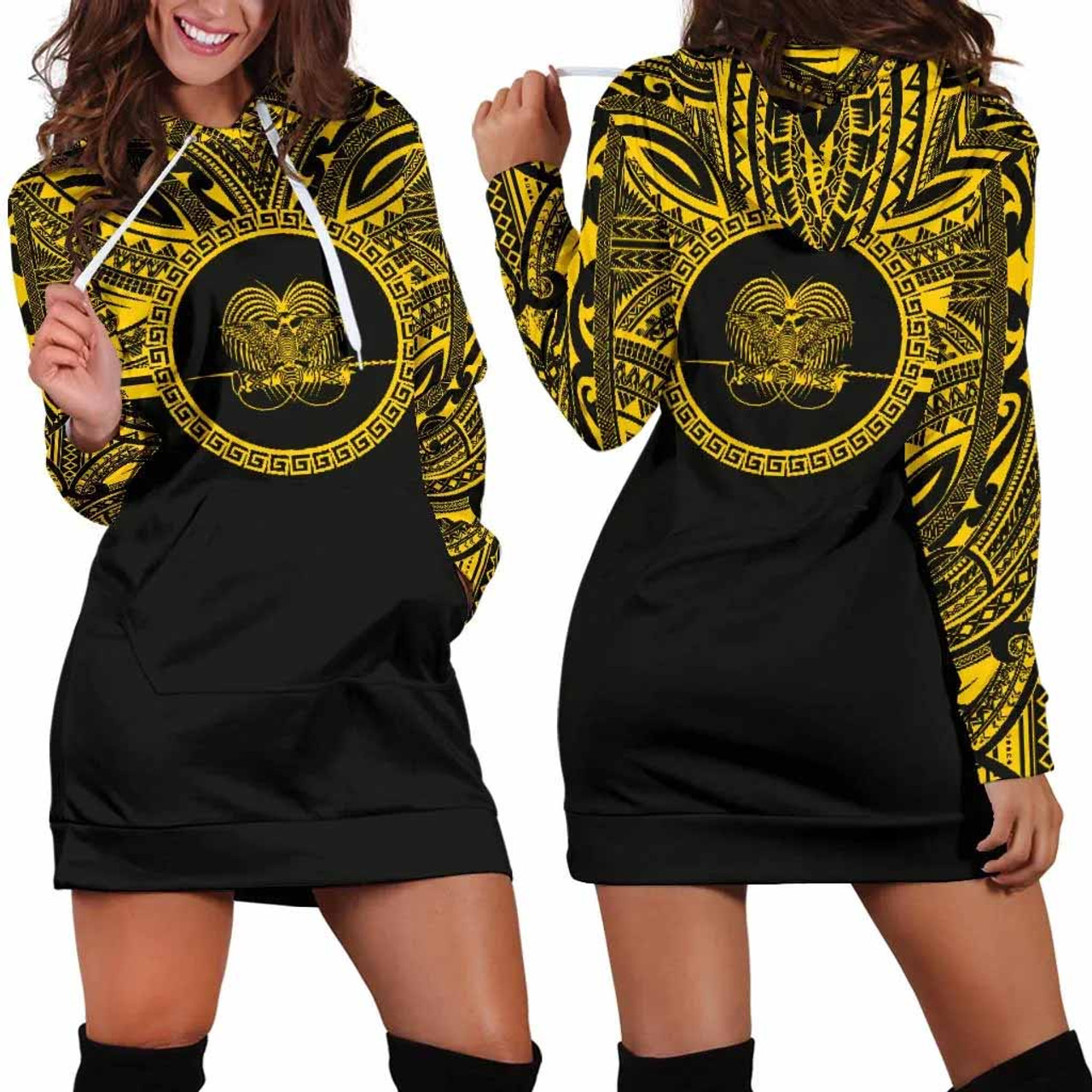 Papua New Guinea Women Hoodie Dress - Papua New Guinea Coat Of Arms Polynesian Gold Black 1