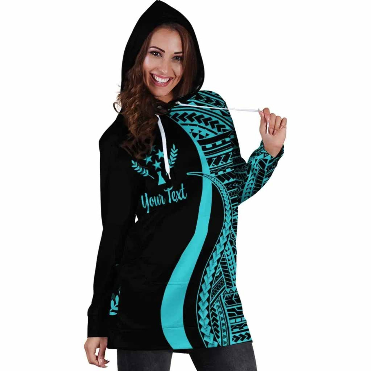 Kosrae Custom Personalised Hoodie Dress - Turquoise Polynesian Tentacle Pattern 3