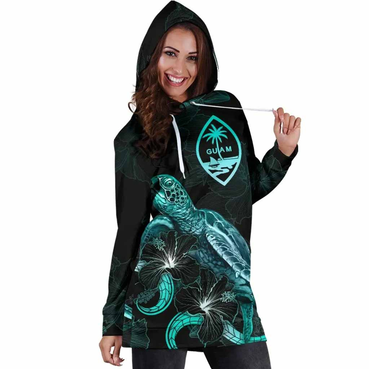 Guam Polynesian Hoodie Dress - Turtle With Blooming Hibiscus Turquoise 4