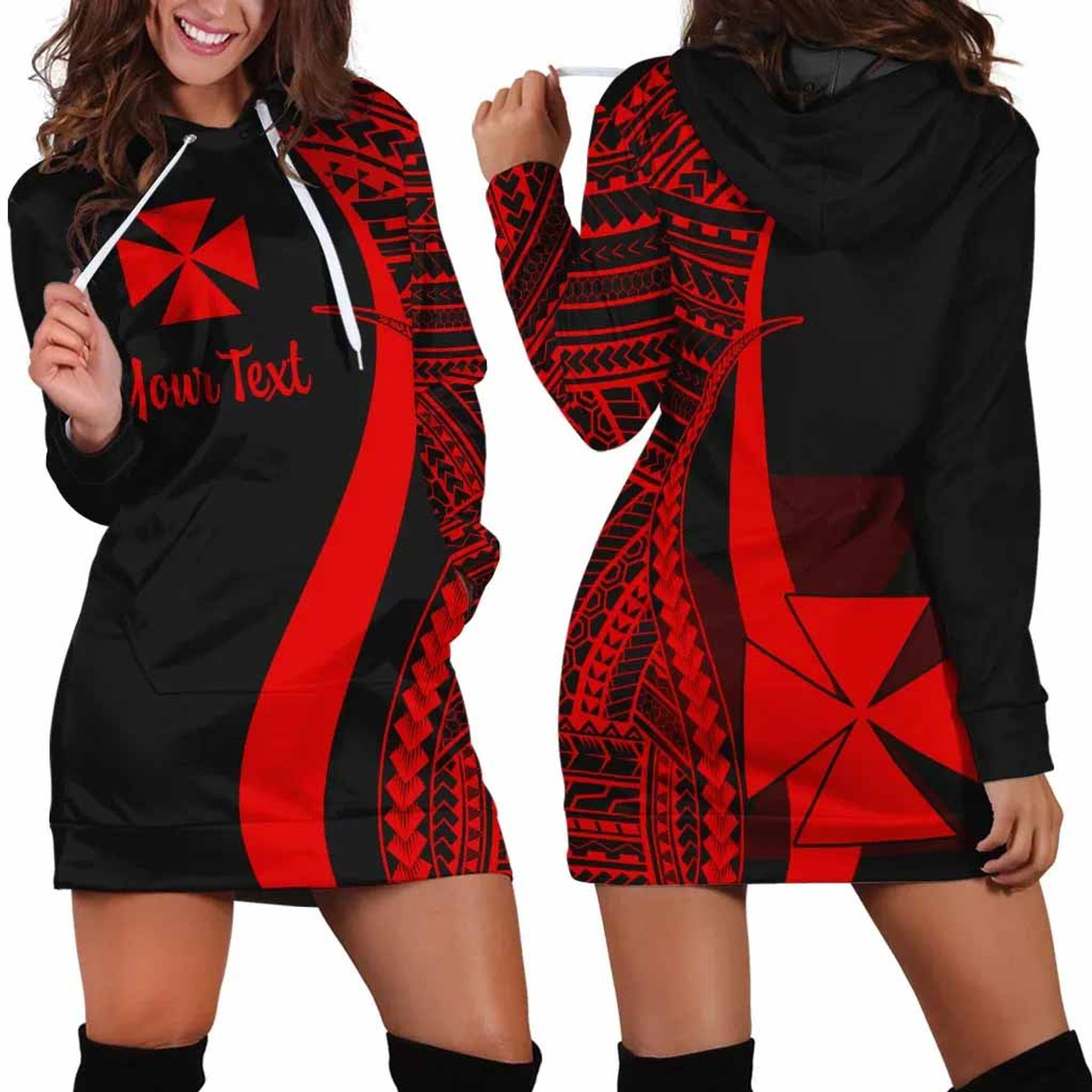 Wallis and Futuna Custom Personalised Hoodie Dress - Red Polynesian Tentacle Pattern 1