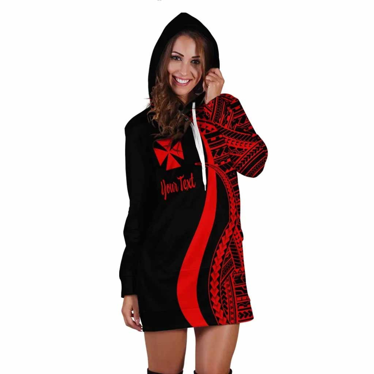 Wallis and Futuna Custom Personalised Hoodie Dress - Red Polynesian Tentacle Pattern 3