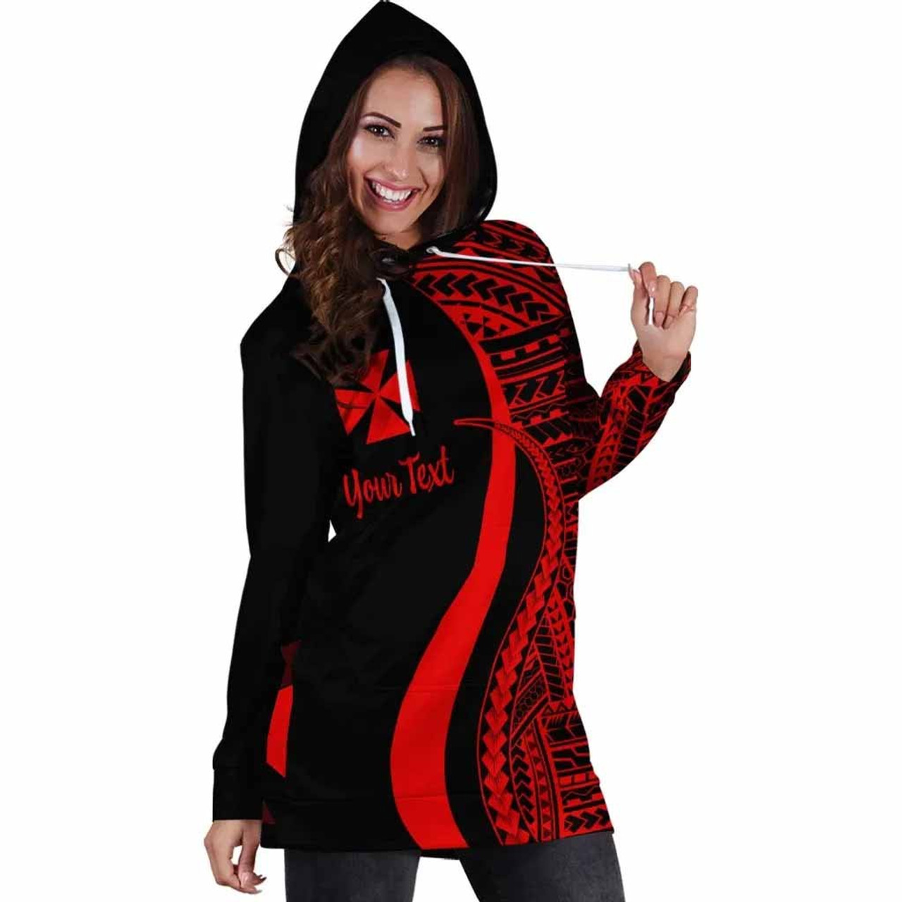 Wallis and Futuna Custom Personalised Hoodie Dress - Red Polynesian Tentacle Pattern 4