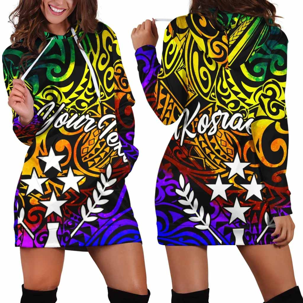 Kosrae Custom Personalised Hoodie Dress - Rainbow Polynesian Pattern 1