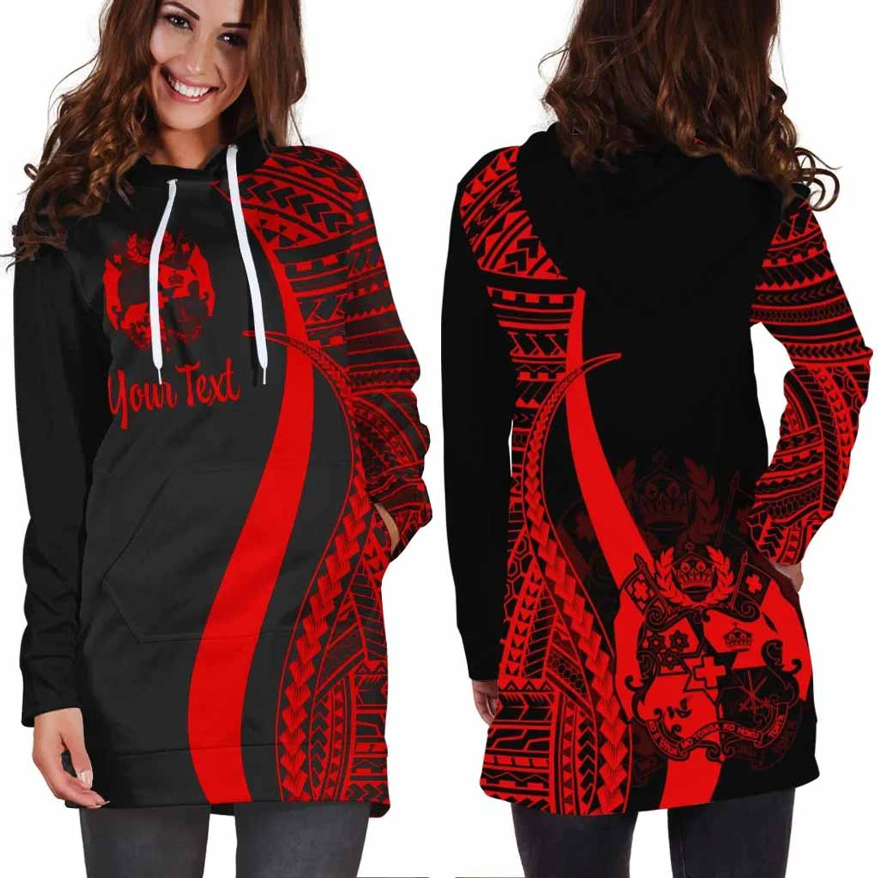 Tonga Custom Personalised Hoodie Dress - Red Polynesian Tentacle Pattern 2