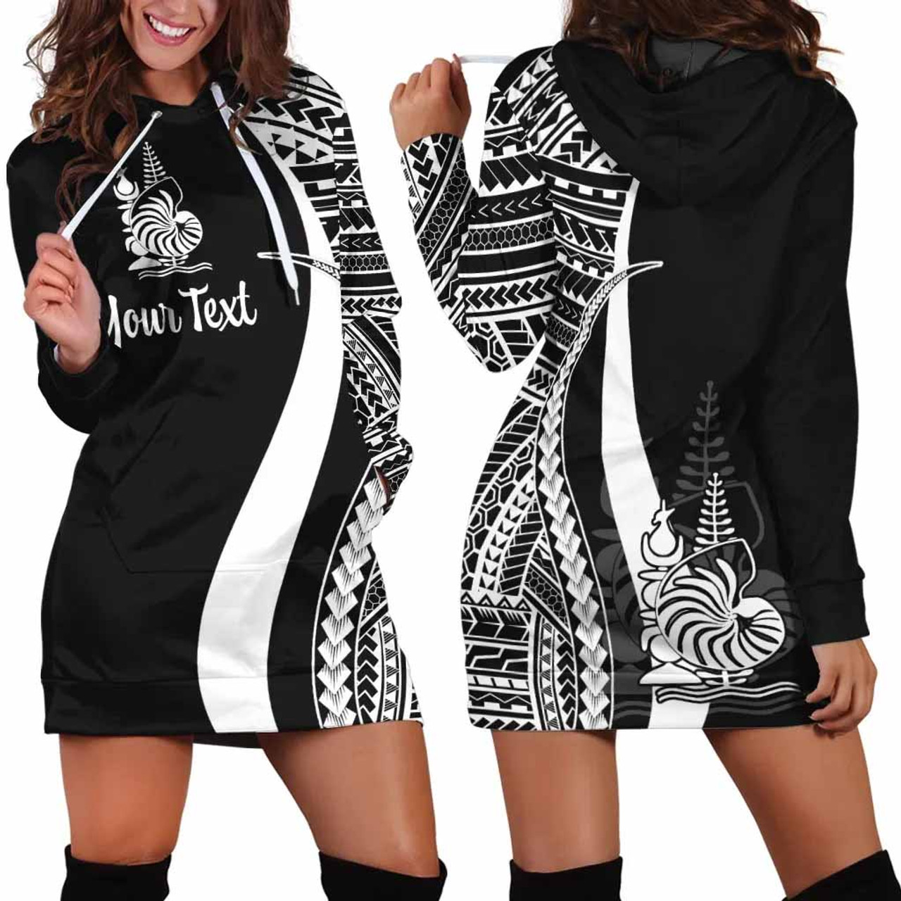 New Caledonia Custom Personalised Hoodie Dress - White Polynesian Tentacle Pattern 1