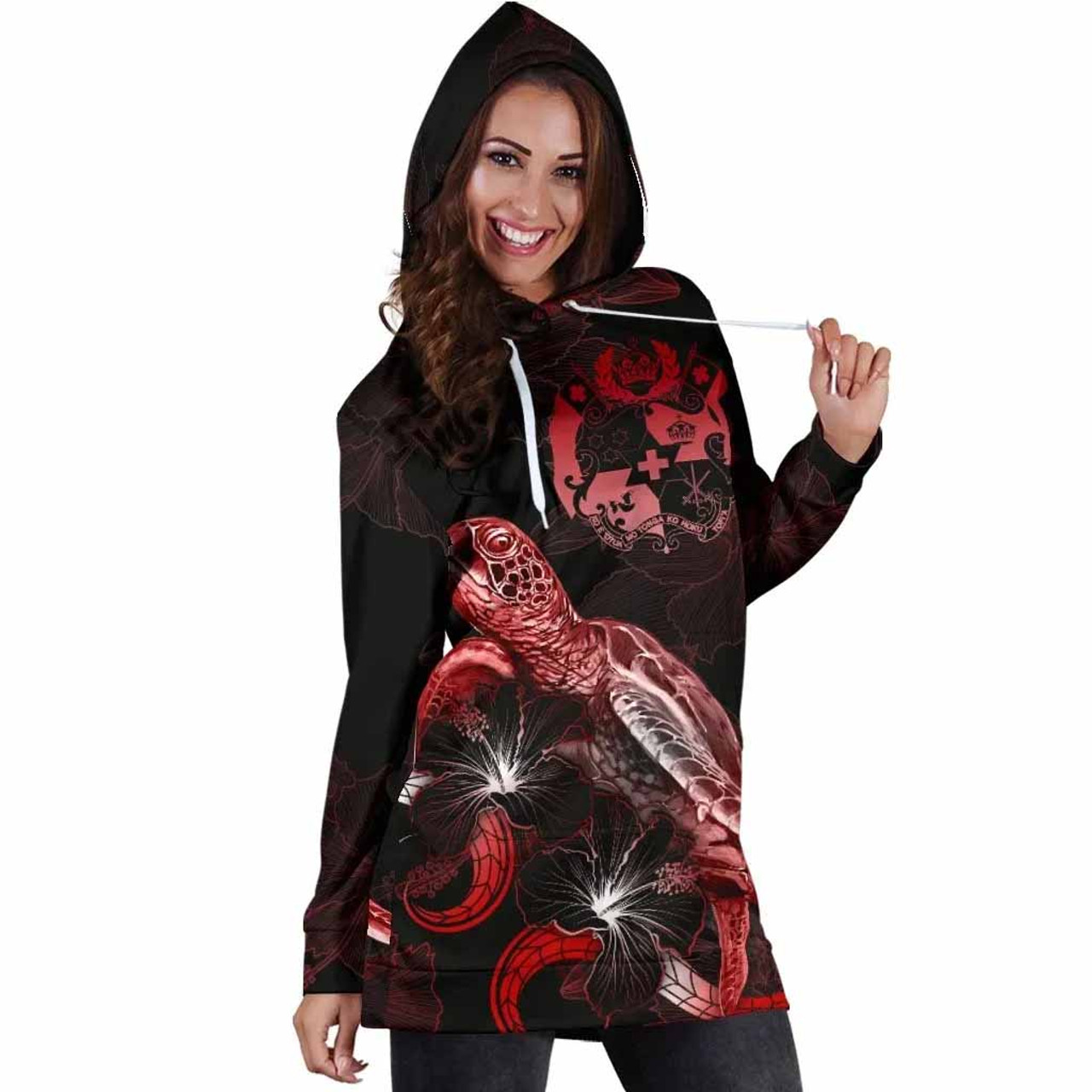 Tonga Polynesian Hoodie Dress - Turtle With Blooming Hibiscus Red 4