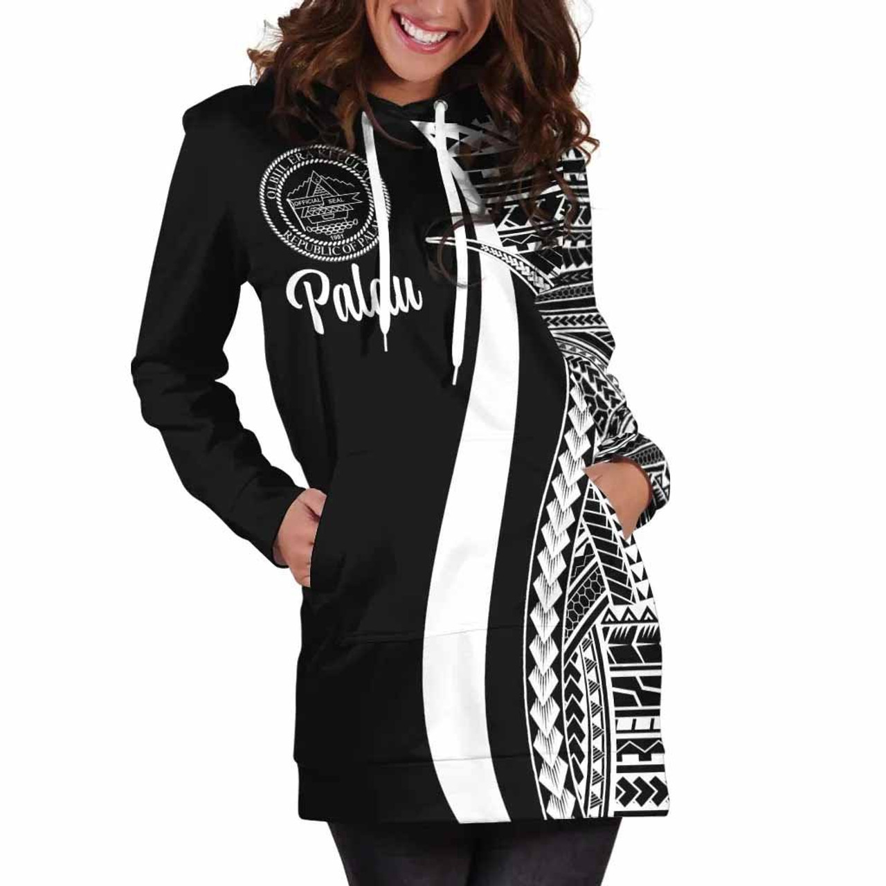 Palau Women Hoodie Dress - White Polynesian Tentacle Tribal Pattern 5