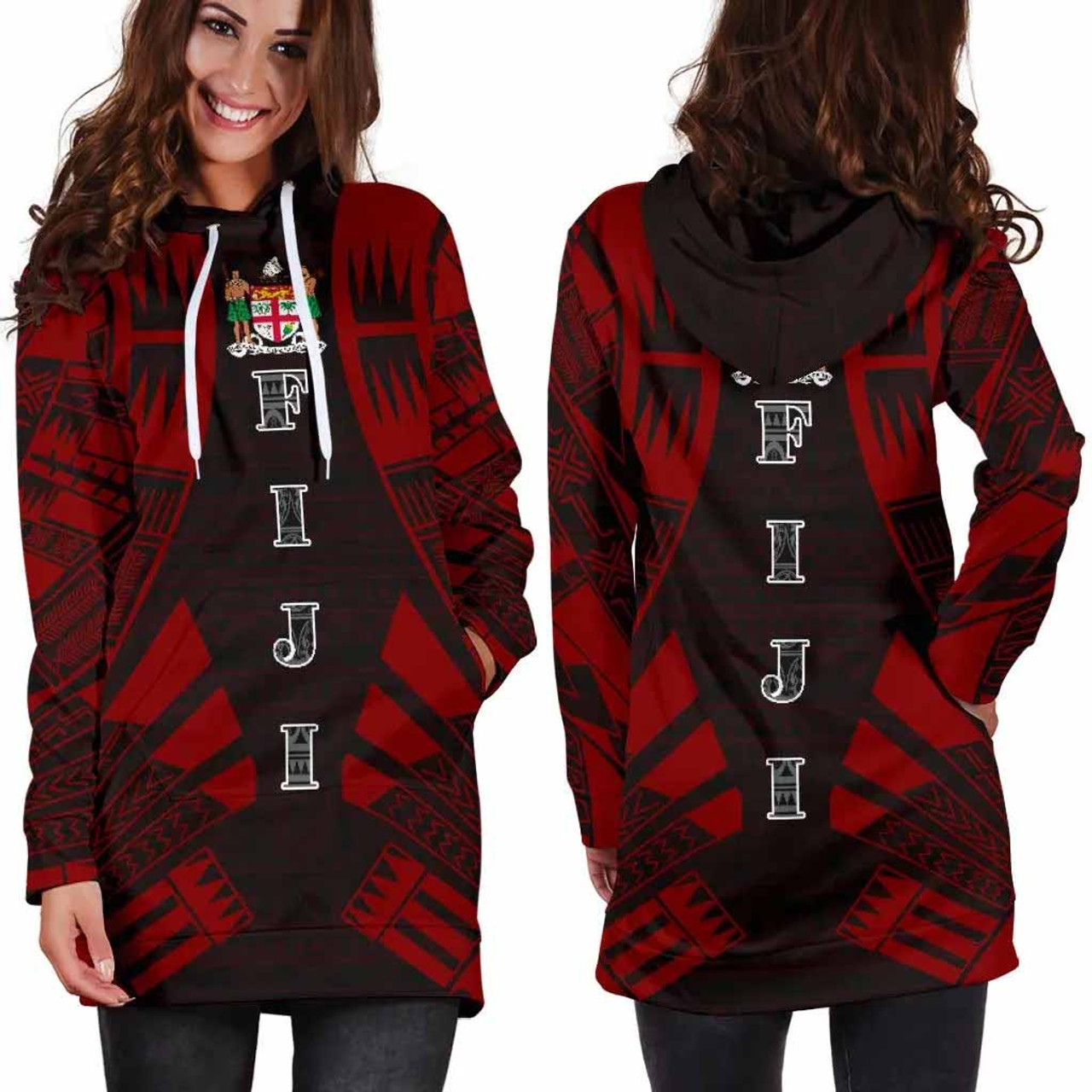 Fiji Hoodie Dress - Polynesian Tattoo Red 2