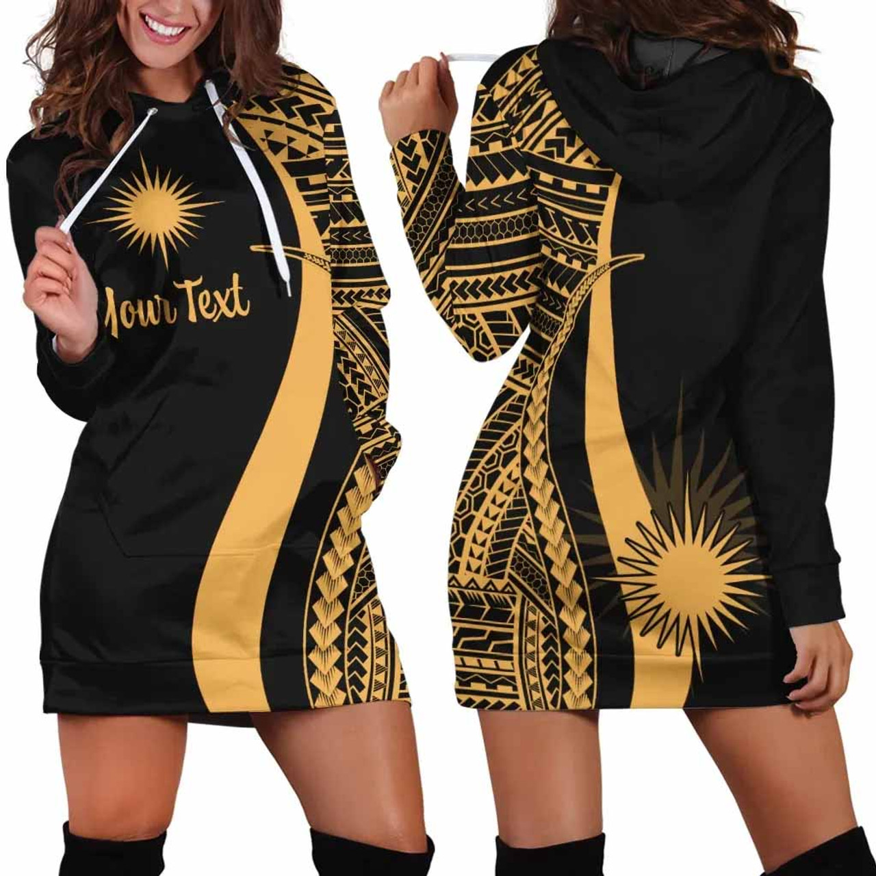 Marshall Islands Custom Personalised Hoodie Dress - Gold Polynesian Tentacle Pattern 1