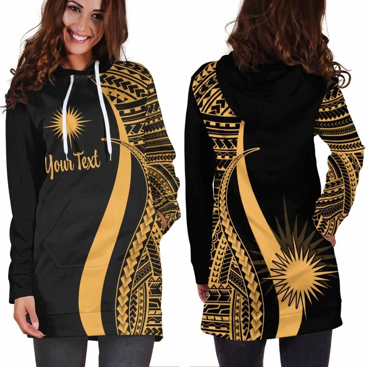 Marshall Islands Custom Personalised Hoodie Dress - Gold Polynesian Tentacle Pattern 2
