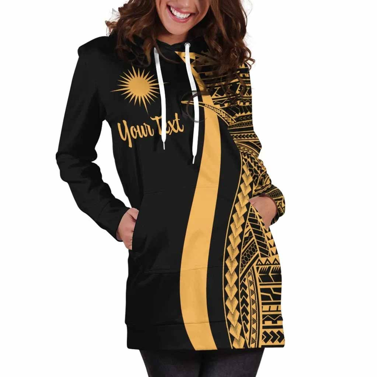 Marshall Islands Custom Personalised Hoodie Dress - Gold Polynesian Tentacle Pattern 5