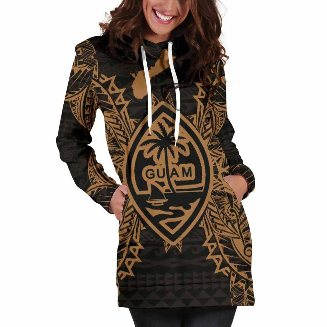 Guam Polynesian Hoodie Dress Map Gold 5