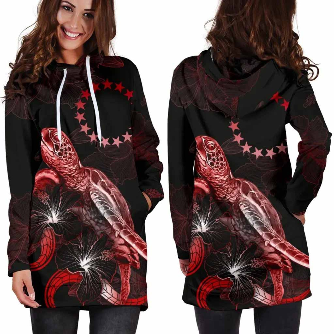 Cook Islands Polynesian Hoodie Dress - Turtle With Blooming Hibiscus Red 2