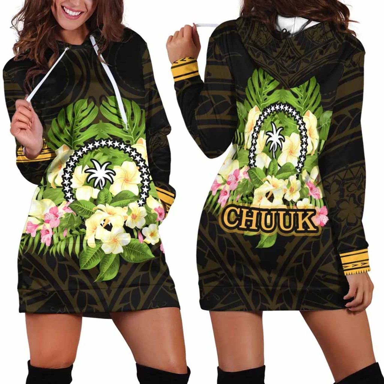 Chuuk State Hoodie Dress - Polynesian Gold Patterns Collection 1