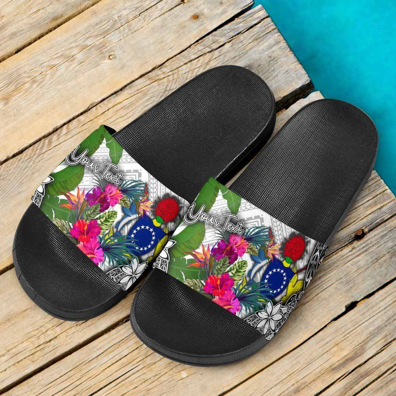 Cook Islands Custom Personalised Slide Sandals White - Turtle Plumeria Banana Leaf 3