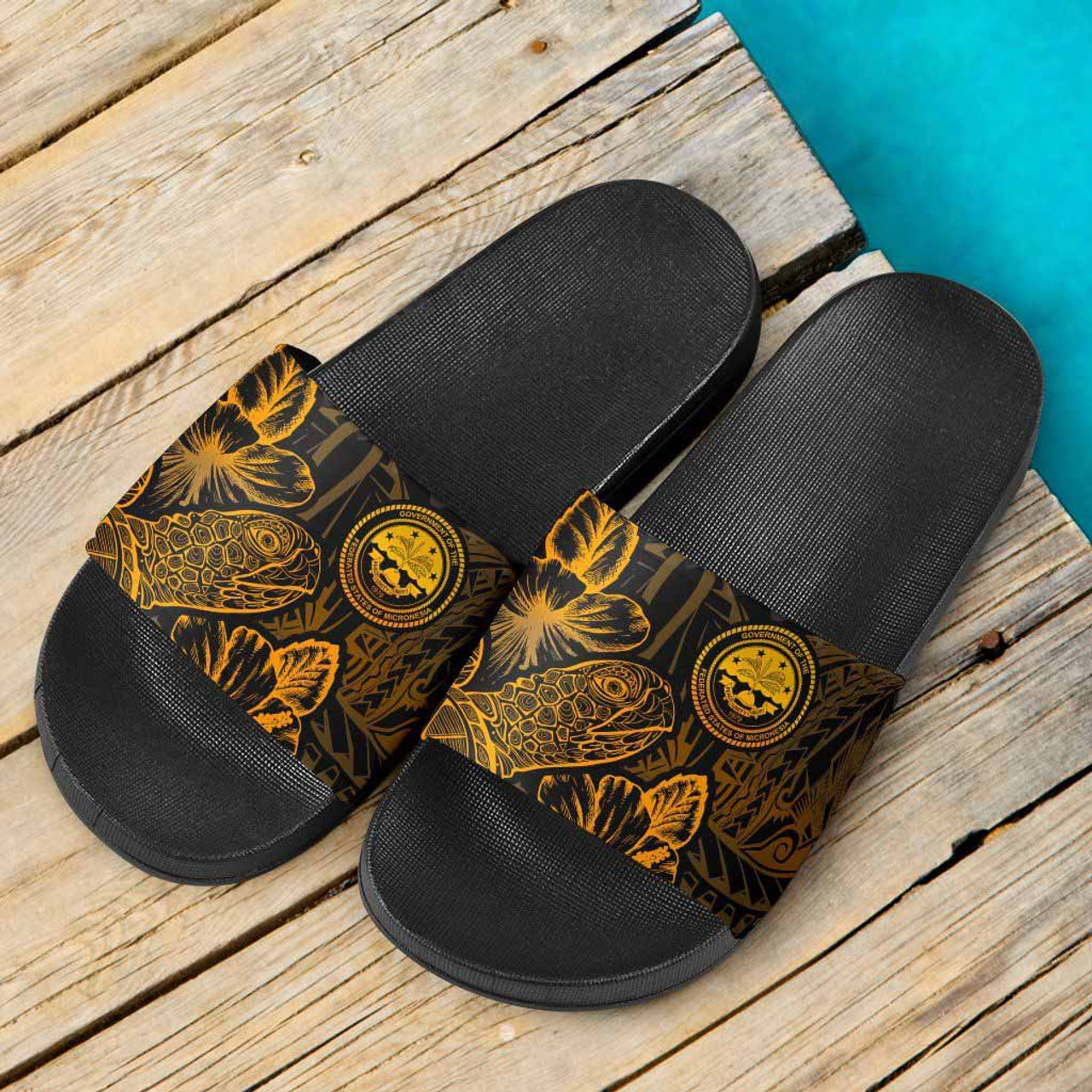 Federated States Of Micronesia  Slide Sandals - Turtle Hibiscus Pattern Gold 3