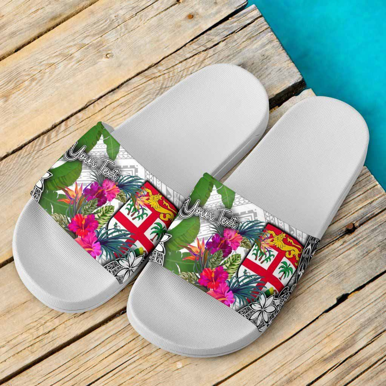 Fiji Custom Personalised Slide Sandals White - Turtle Plumeria Banana Leaf 6