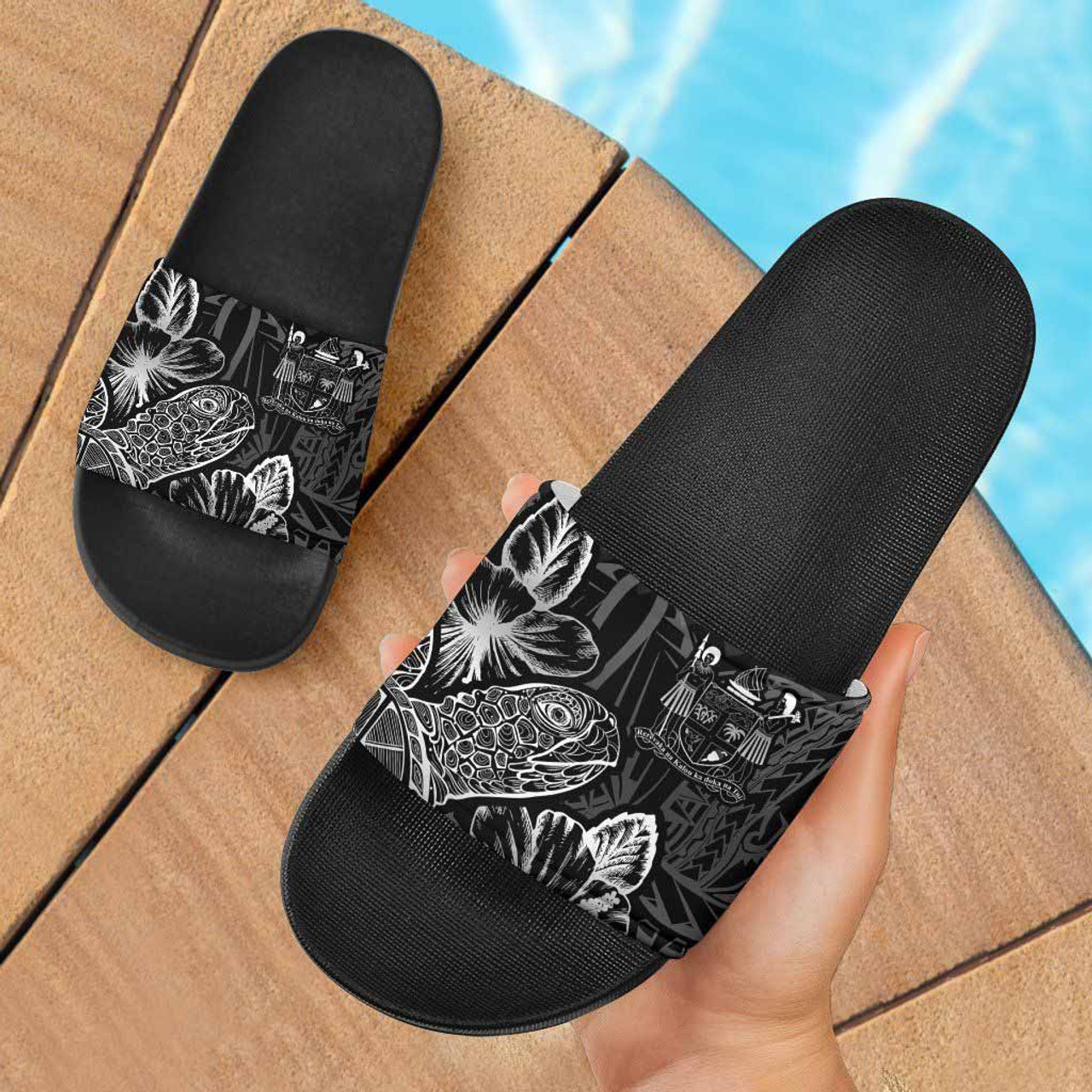 Fiji Slide Sandals - Turtle Hibiscus Pattern Black 1