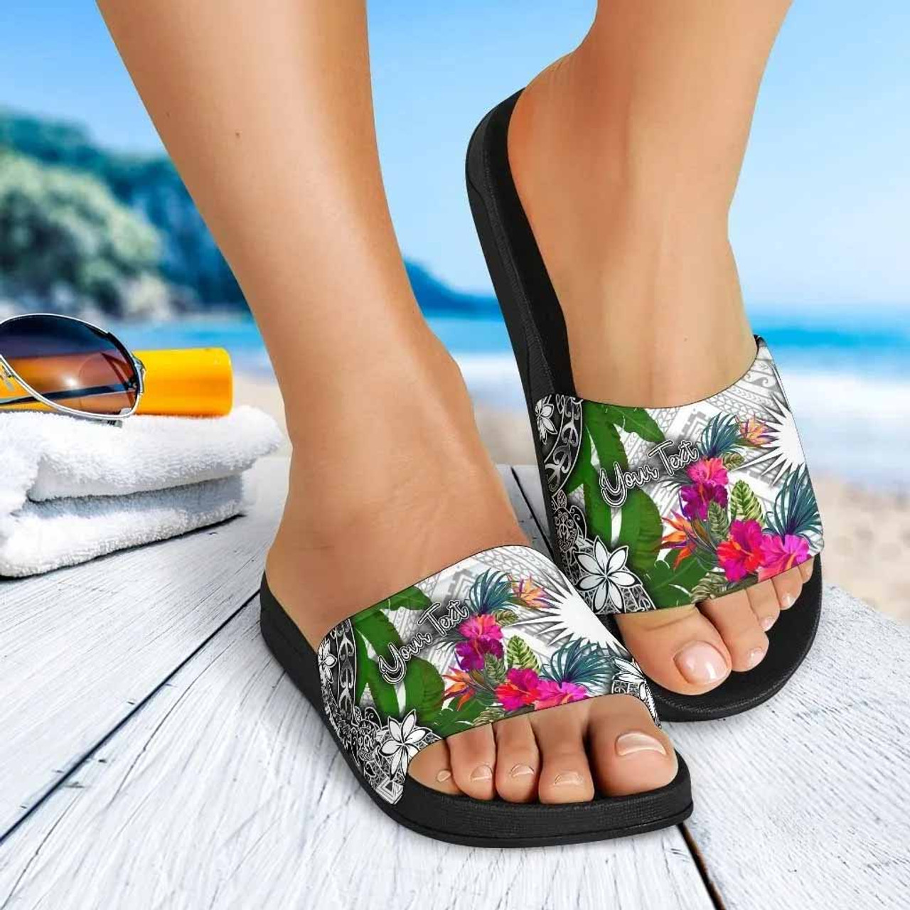 Marshall Islands Custom Personalised Slide Sandals White - Turtle Plumeria Banana Leaf 2
