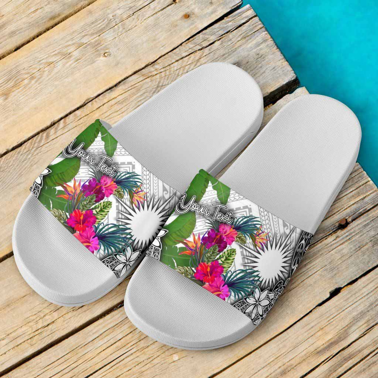 Marshall Islands Custom Personalised Slide Sandals White - Turtle Plumeria Banana Leaf 6