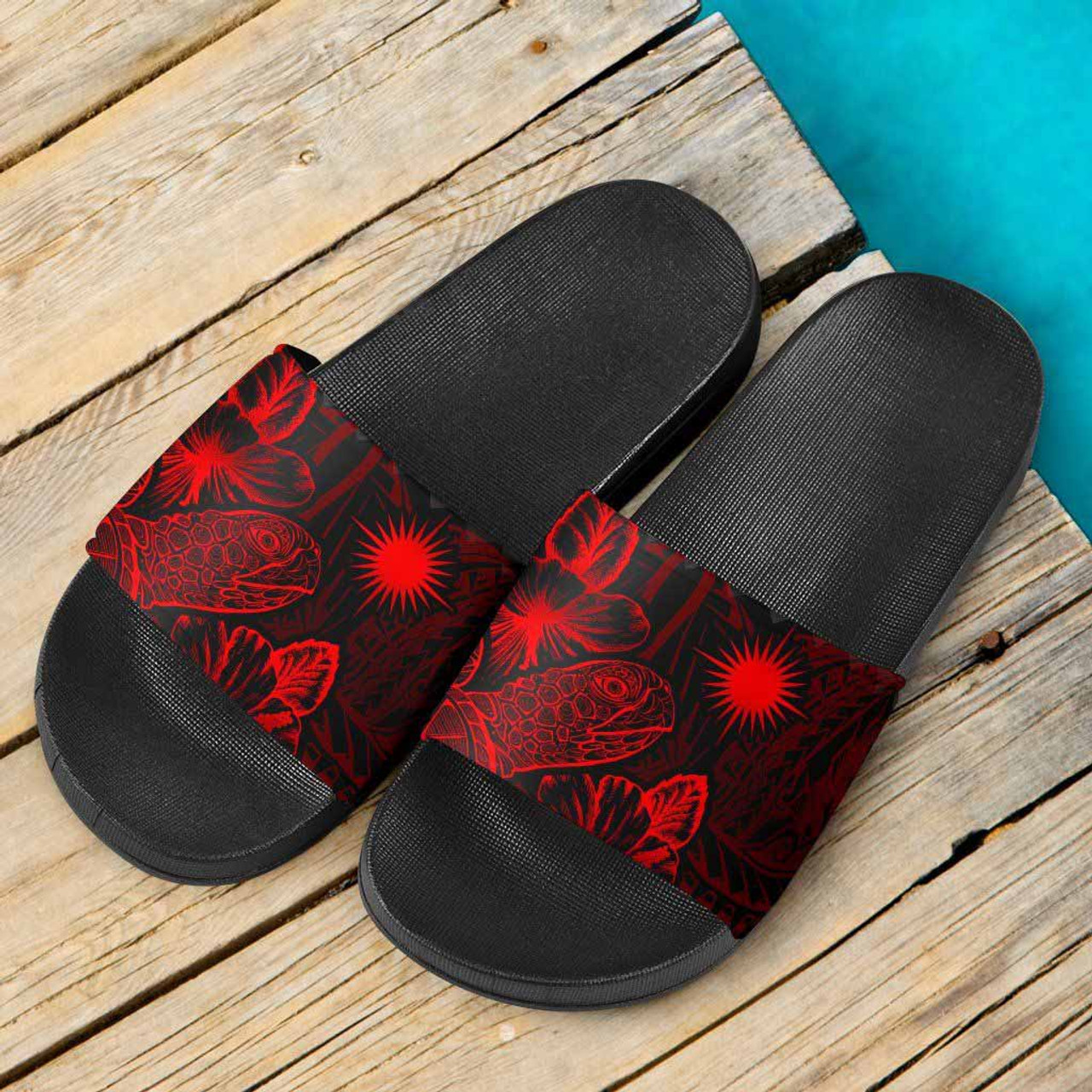 Marshall Islands  Slide Sandals - Turtle Hibiscus Pattern Red 3