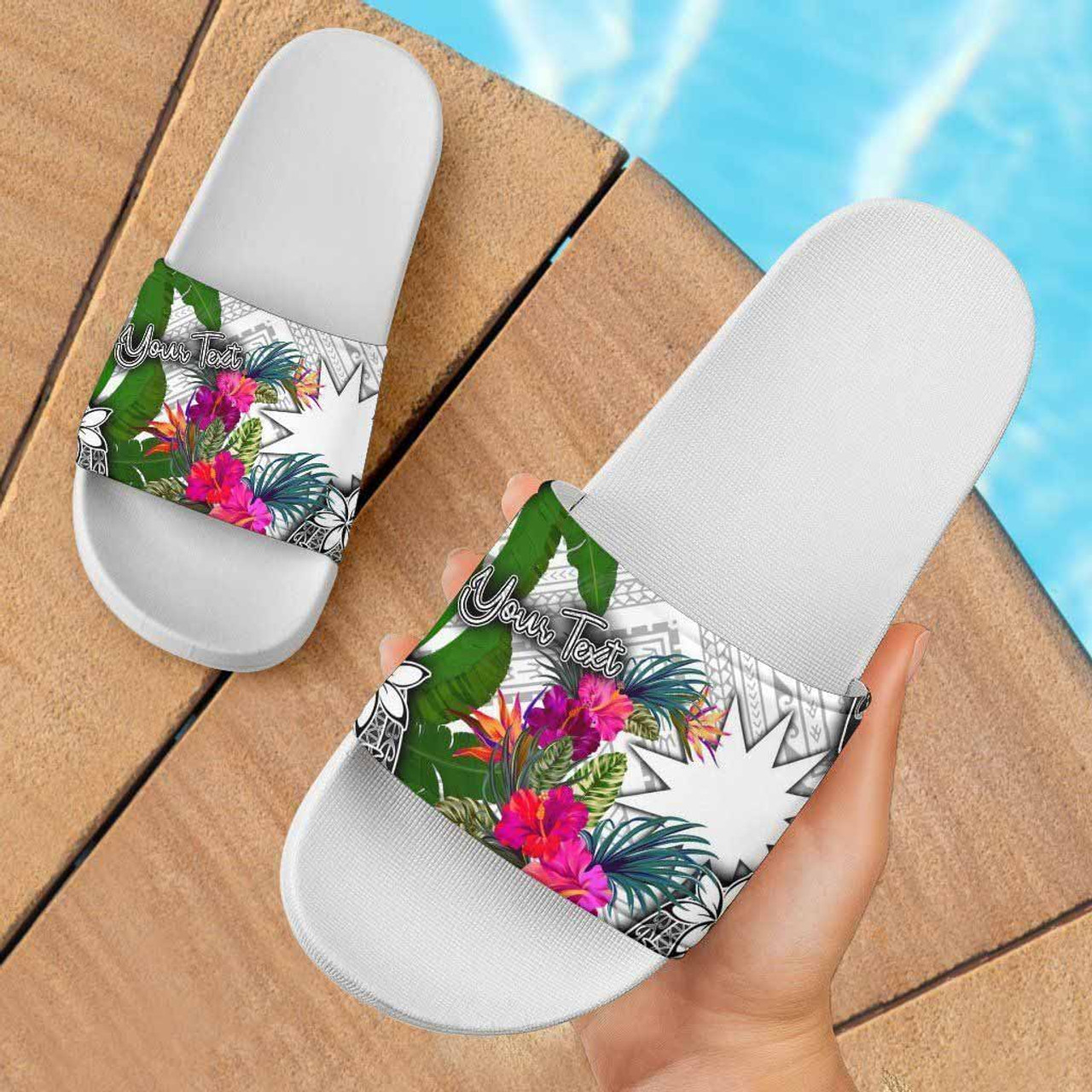 Nauru Custom Personalised Slide Sandals White - Turtle Plumeria Banana Leaf 4