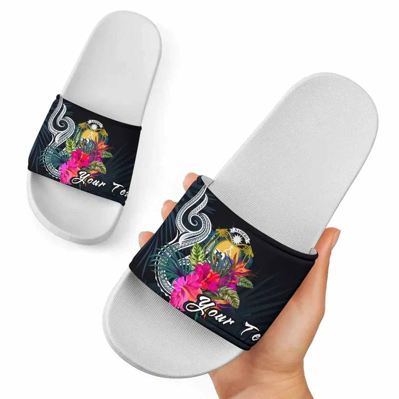 Nauru Polynesian Custom Personalised Slide Sandals - Tropical Flower 1