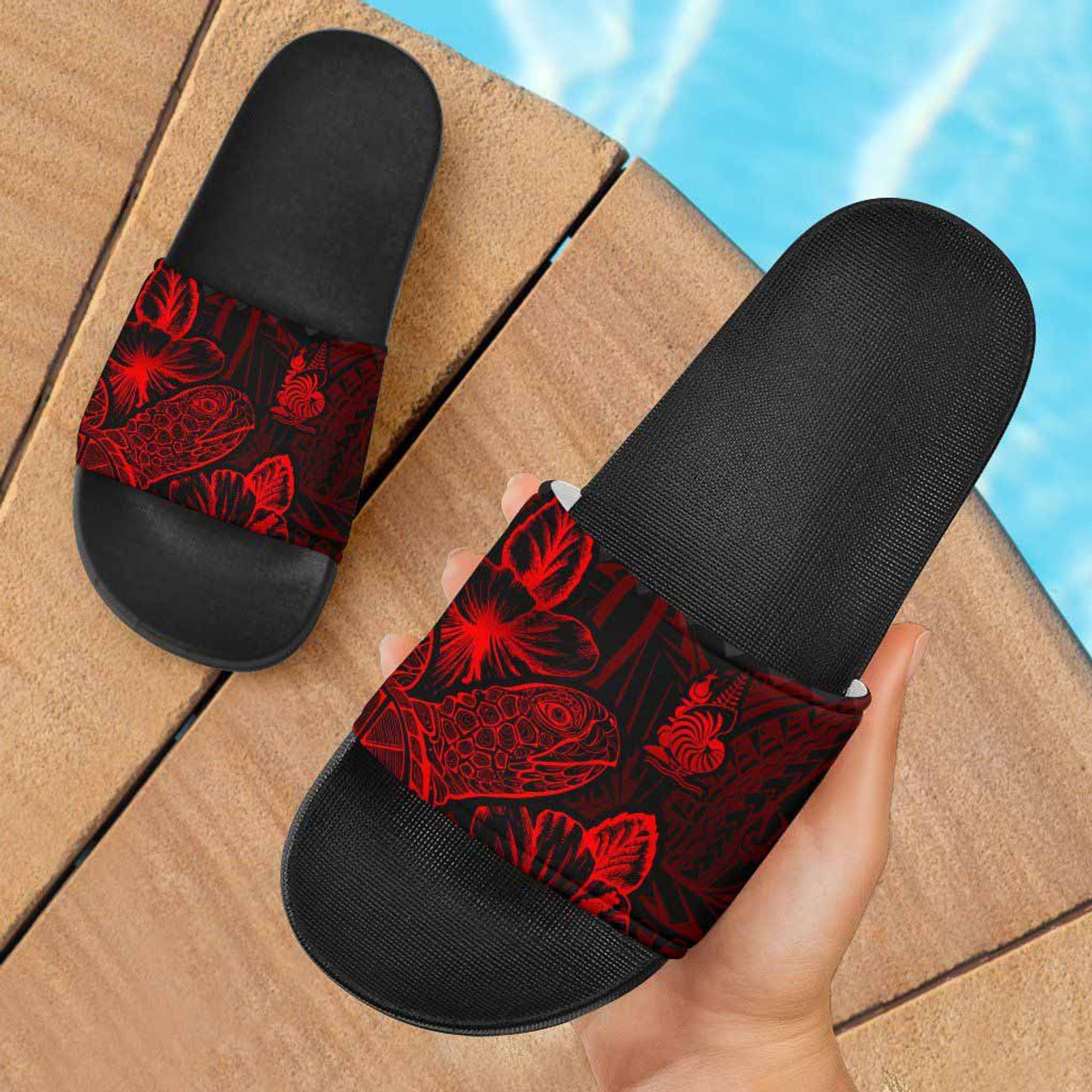 New Caledonia Slide Sandals - Turtle Hibiscus Pattern Red 1