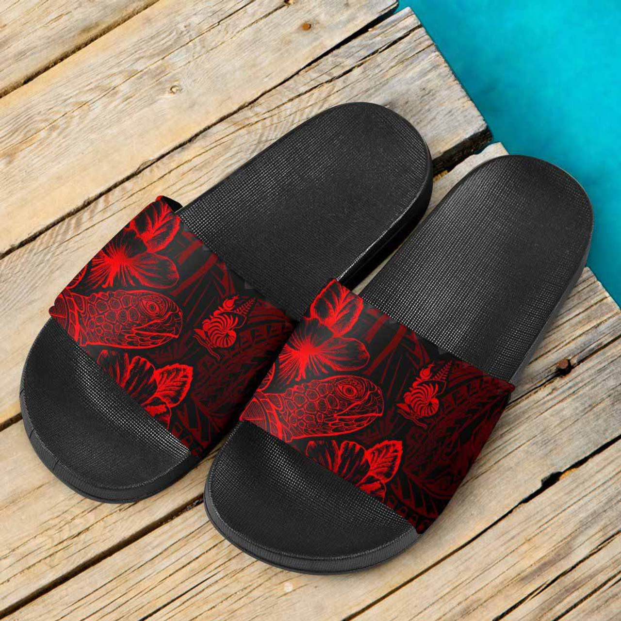 New Caledonia Slide Sandals - Turtle Hibiscus Pattern Red 3