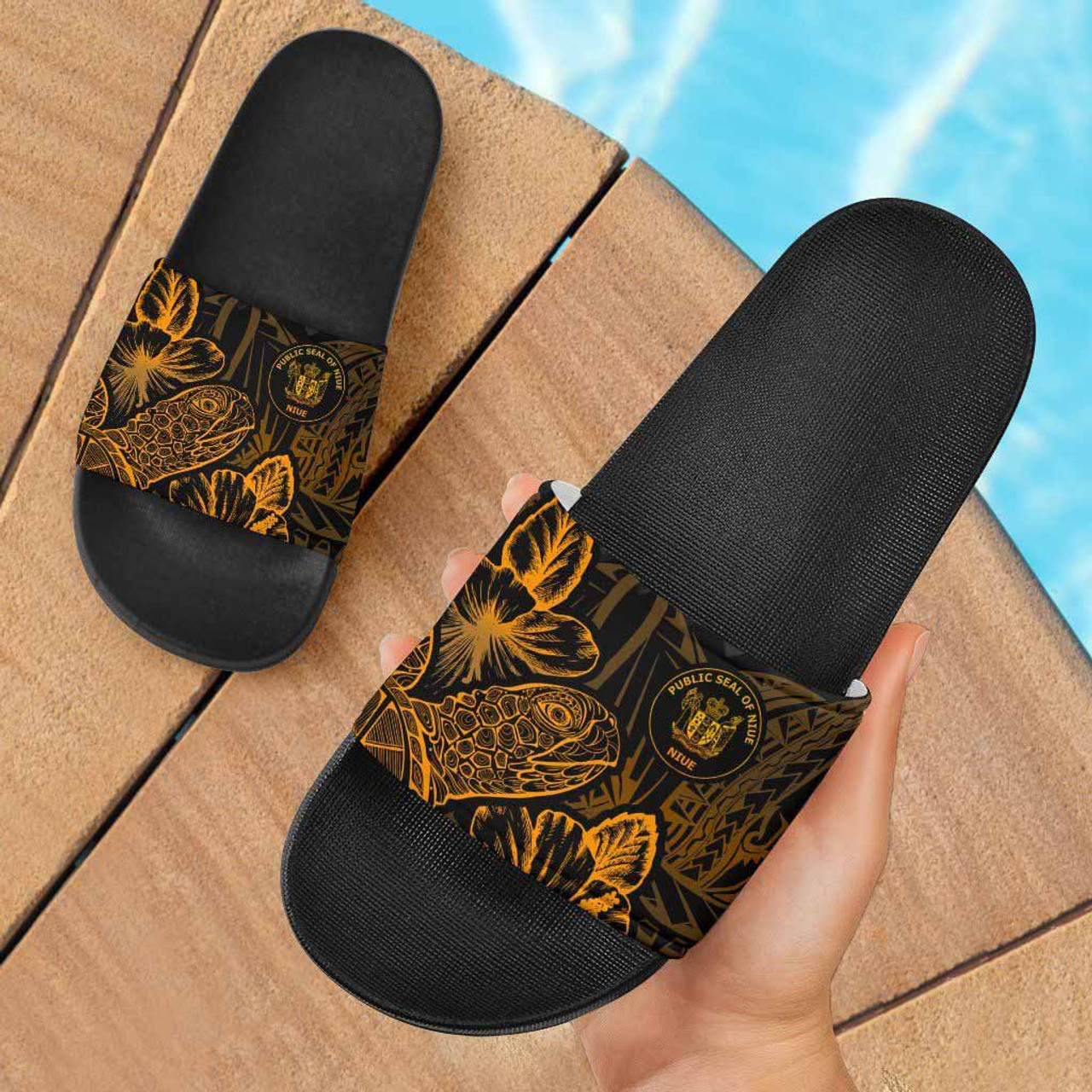 Niue Slide Sandals - Turtle Hibiscus Pattern Gold 1
