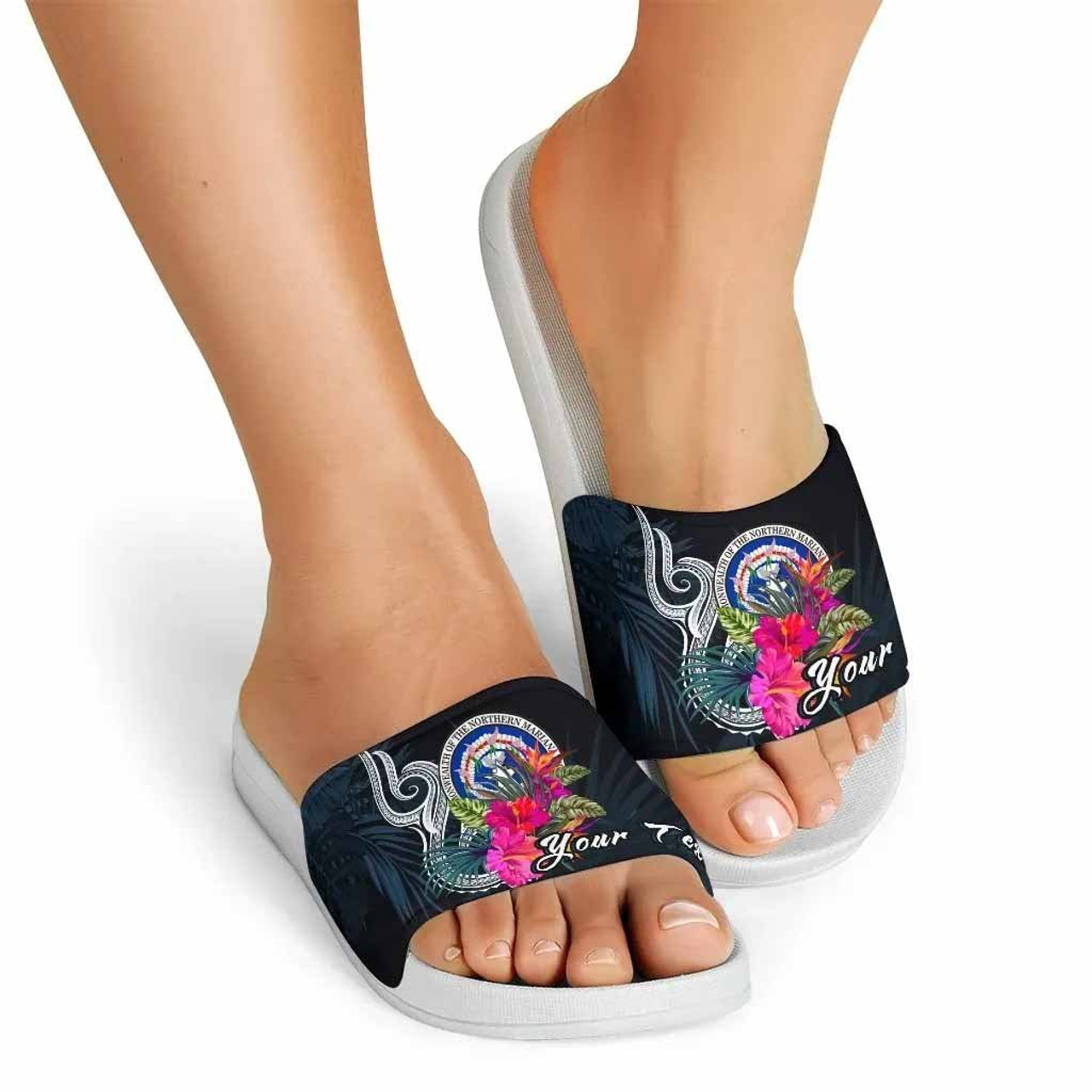 Northern Mariana Islands Polynesian Custom Personalised Slide Sandals - Tropical Flower 2