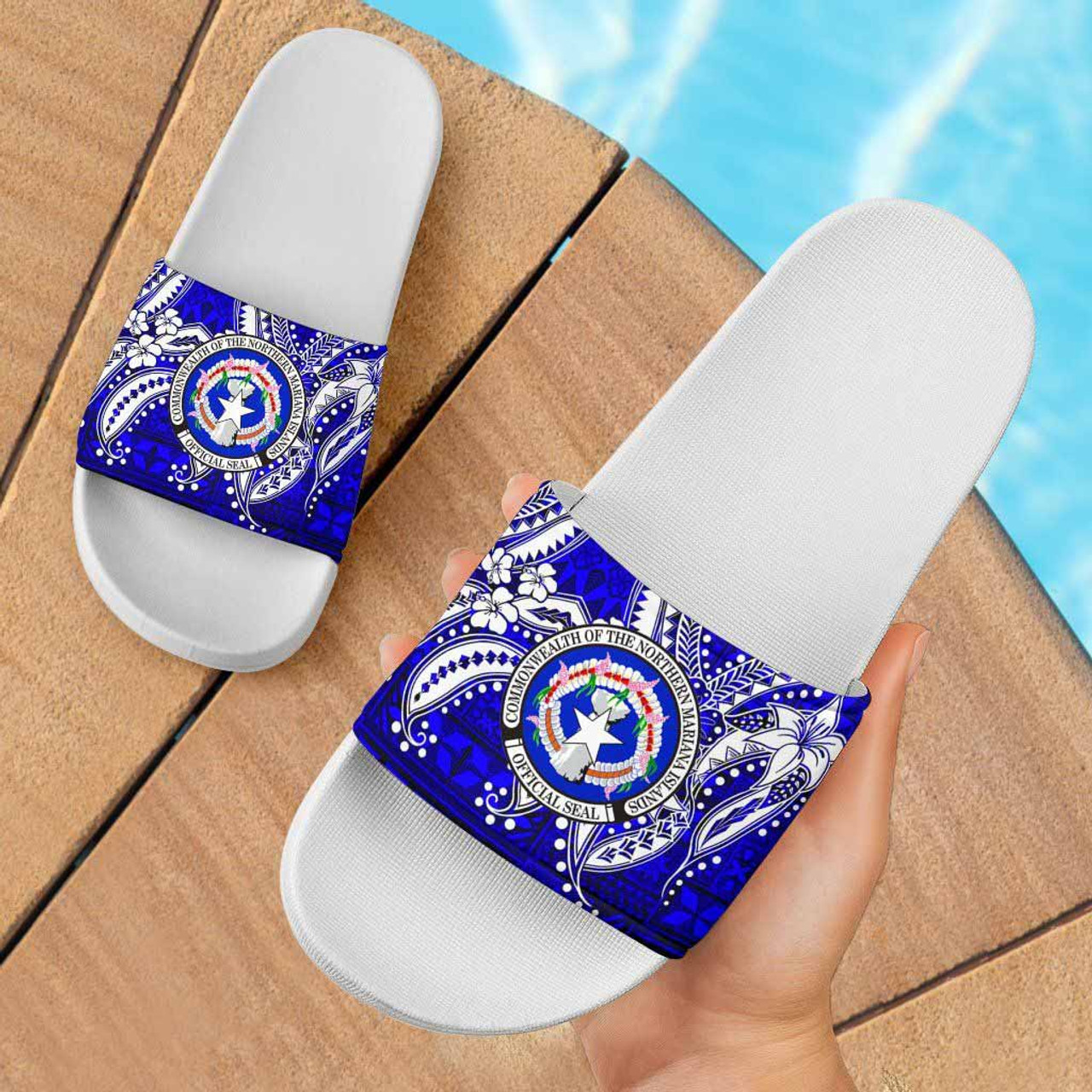 Northern Mariana Islands Polynesian Slide Sandals - Tribal Jungle Pattern Blue 3