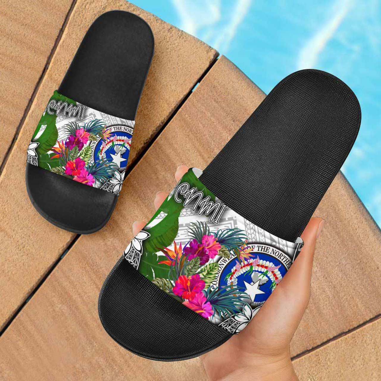 Northern Mariana Islands Slide Sandals - Turtle Plumeria Banana Leaf 1