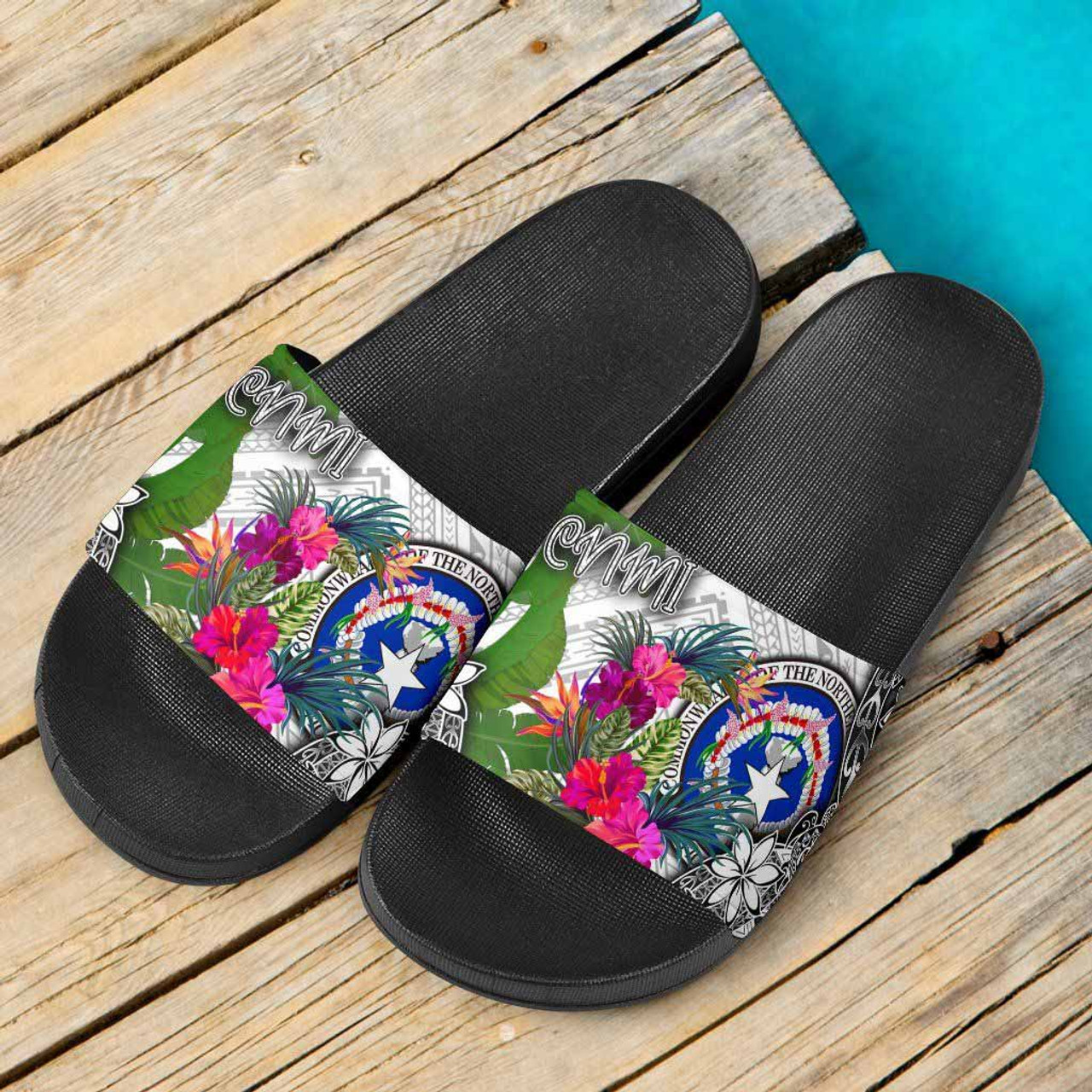 Northern Mariana Islands Slide Sandals - Turtle Plumeria Banana Leaf 4