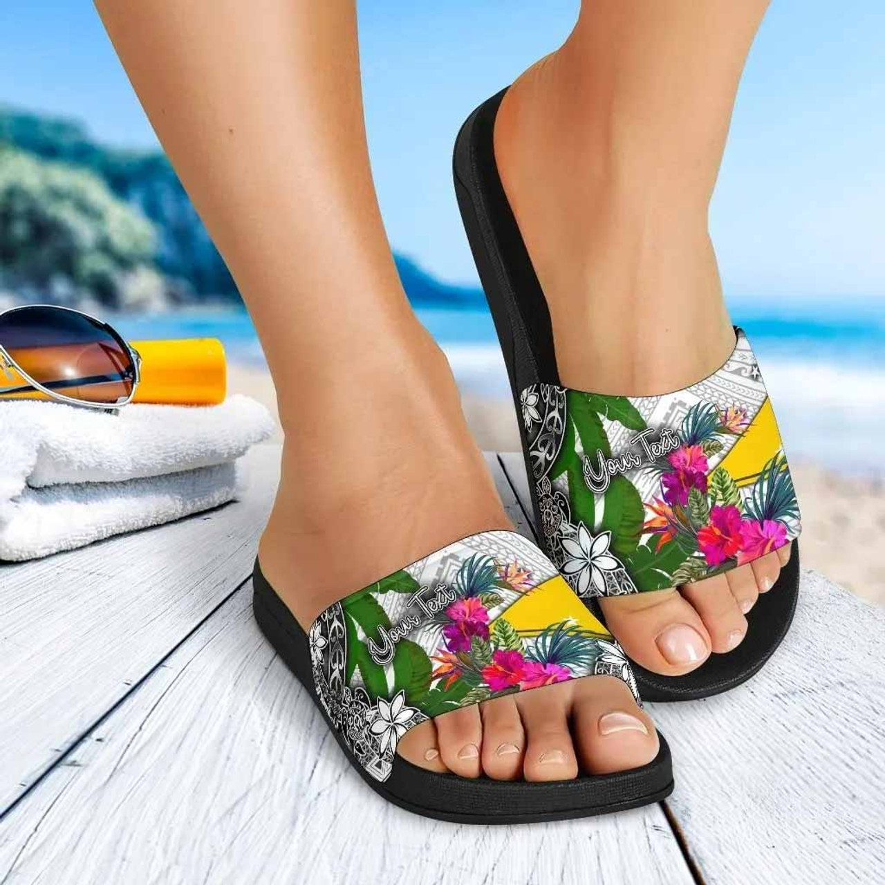 Tokelau Custom Personalised Slide Sandals White - Turtle Plumeria Banana Leaf 2