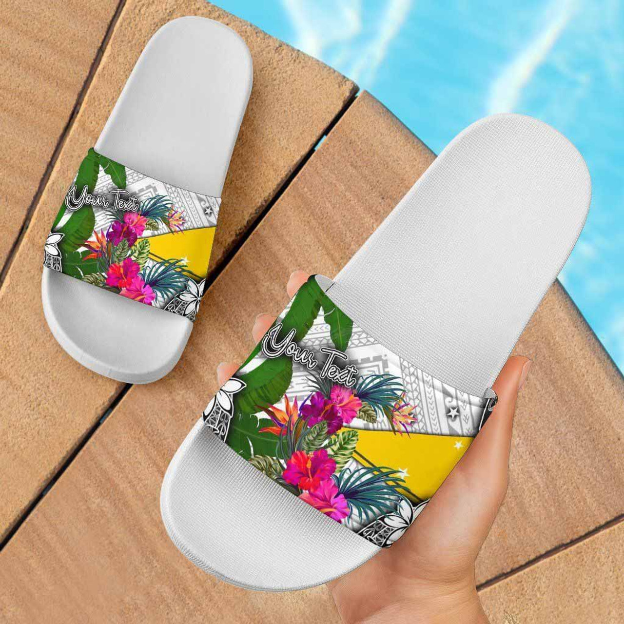 Tokelau Custom Personalised Slide Sandals White - Turtle Plumeria Banana Leaf 4