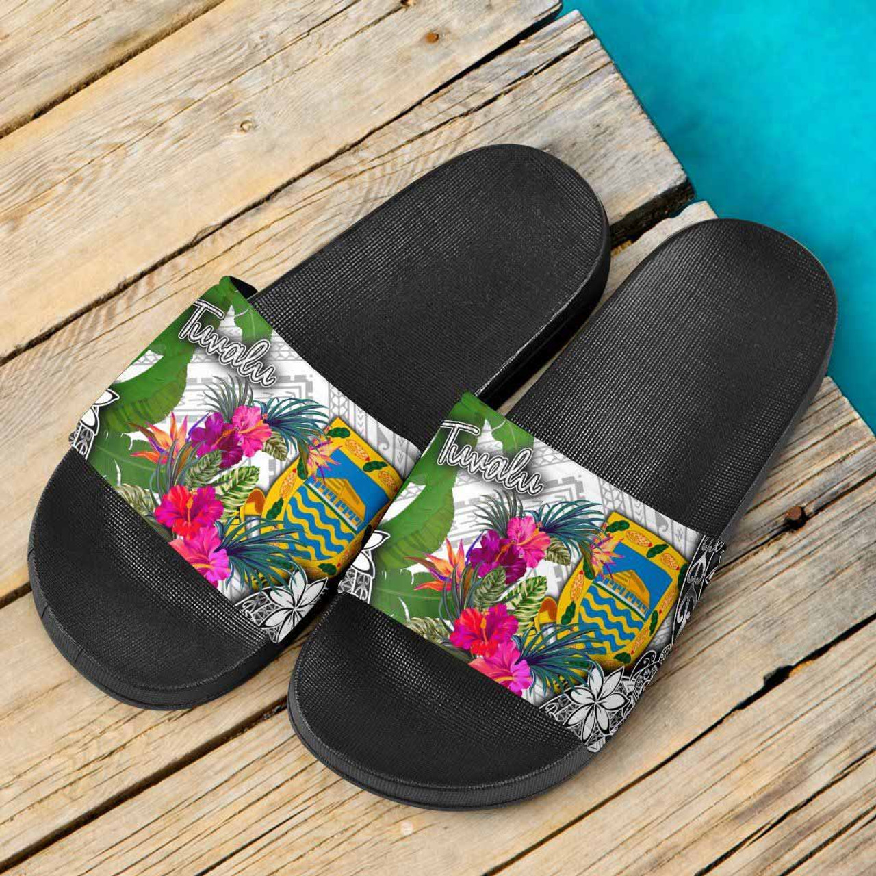Tuvalu Slide Sandals - Turtle Plumeria Banana Leaf 4