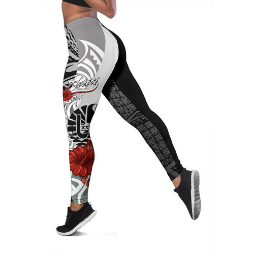 Tahiti Polynesian Legging  - Coat Of Arm With Hibiscus White 1