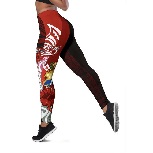 Tonga Polynesian Custom Personalised Legging  - Coat Of Arm With Hibiscus 1