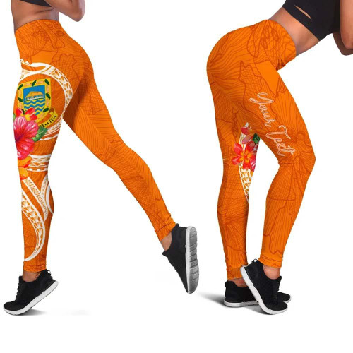 Tuvalu Polynesian Custom Personalised Legging - Orange Floral With Seal 1