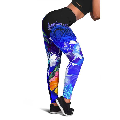 American Samoa Polynesian Legging - Humpback Whale with Tropical Flowers (Blue) 1