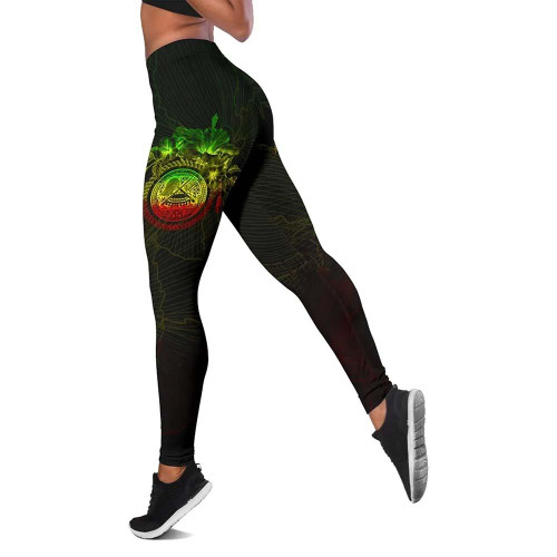 American Samoa Polynesian Legging - Reggae Turtle Hibiscus Flower Frame Vintage 1
