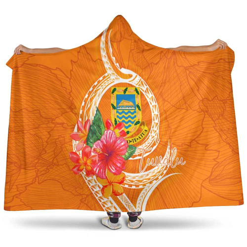 Tuvalu Polynesian Hooded Blanket - Orange Floral With Seal 1