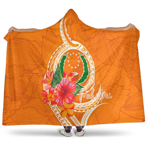Pohnpei Micronesia Hooded Blanket - Orange Floral With Seal 1