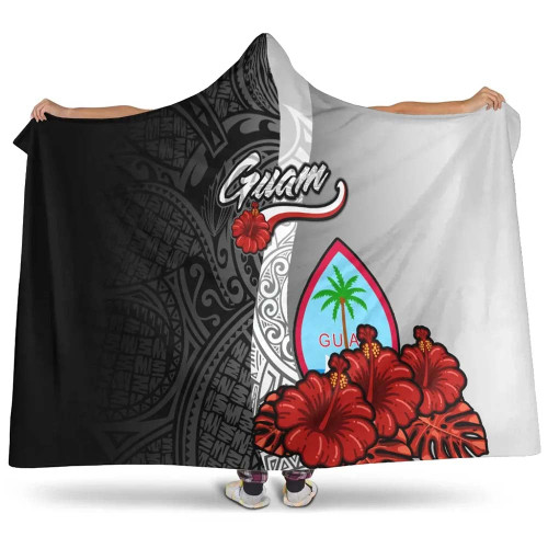 Guam Polynesian Hooded Blanket- Coat Of Arm With Hibiscus White 1